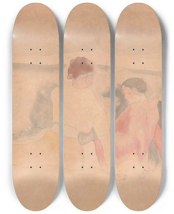 Triptych art skateboard deck of Charles Demuth Untitled Two Women And Boats by Charles Demuth (1883-1935)
