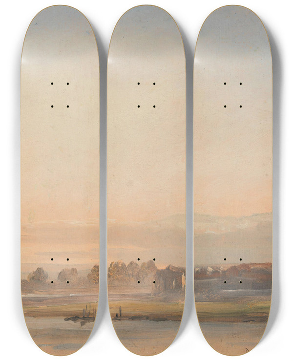 Triptych art skateboard deck of Johan Christian Dahl View Of The Elbe by Johan Christian Dahl (1788-1857)