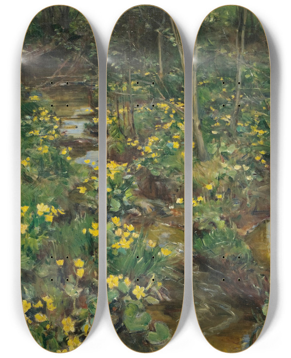 Triptych art skateboard deck of Gerhard Munthe Norwegian Marigolds by Gerhard Munthe (1849-1929)