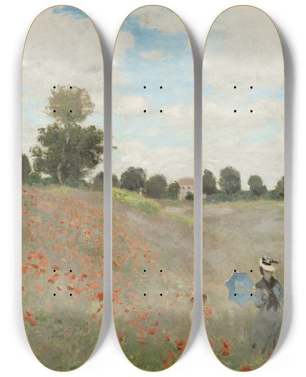 Triptych art skateboard deck of Claude Monet Poppy Field by Claude Monet (1840-1926)