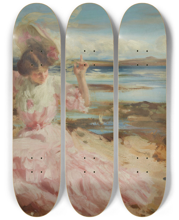 Triptych art skateboard deck of Charles Sims By Summer Seas by Charles Sims (1873-1928)