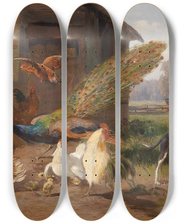 Triptych art skateboard deck of Carl Jutz Hund Im Geflgelhof by Carl Jutz (1838-1916)
