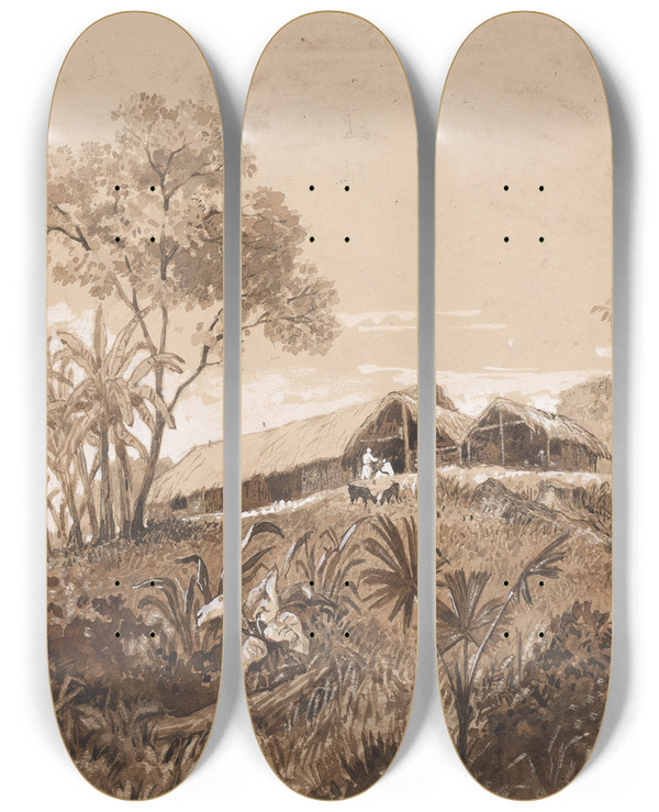 Triptych art skateboard deck of Michel Jean Cazabon Cottage At Tamana by Michel Jean Cazabon (1813-1888)