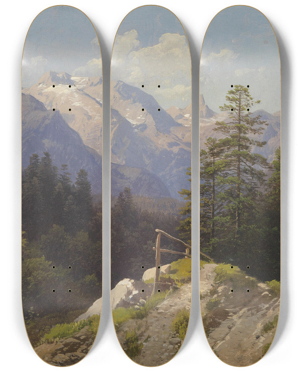 Triptych art skateboard deck of Adalbert Waagen Gebirgsmotiv by Adalbert Waagen (1833-1898)