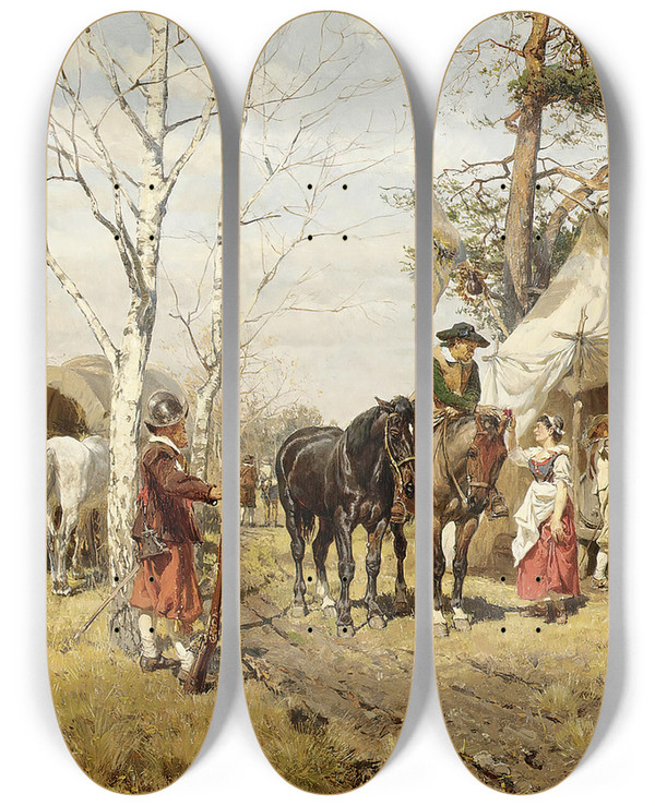 Triptych art skateboard deck of Wilhelm Velten Die Rast The Halt by Wilhelm Velten (1847-1929)