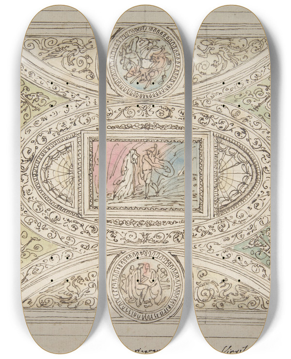 Triptych art skateboard deck of Felice Giani Design For A Ceiling With Decoration Related To Virgils Sixth Canto by Felice Giani (1758-1823)