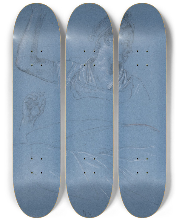 Triptych art skateboard deck of Wolfgang Adam Tpffer Studies Of A Woman Her Hands And Arms And Drapery by Wolfgang Adam Topffer (1766-1847)