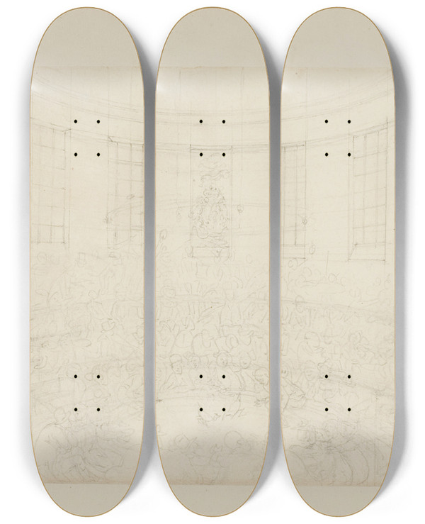 Triptych art skateboard deck of Augustus Charles Pugin Study For Royal Cock Pit From Microcosm Of London by Augustus Charles Pugin (1762-1832)