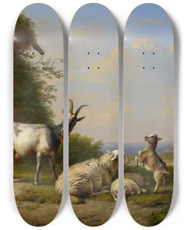 Triptych art skateboard deck of Eugne Joseph Verboeckhoven Goats And Sheep by Eugene Joseph Verboeckhoven (1798-1881)