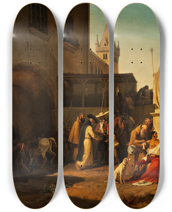 Triptych art skateboard deck of Carl Von Heideck Scene From The Defence Of A Spanish Town During A Guerrilla War by Carl Von Heideck (1788-1861)