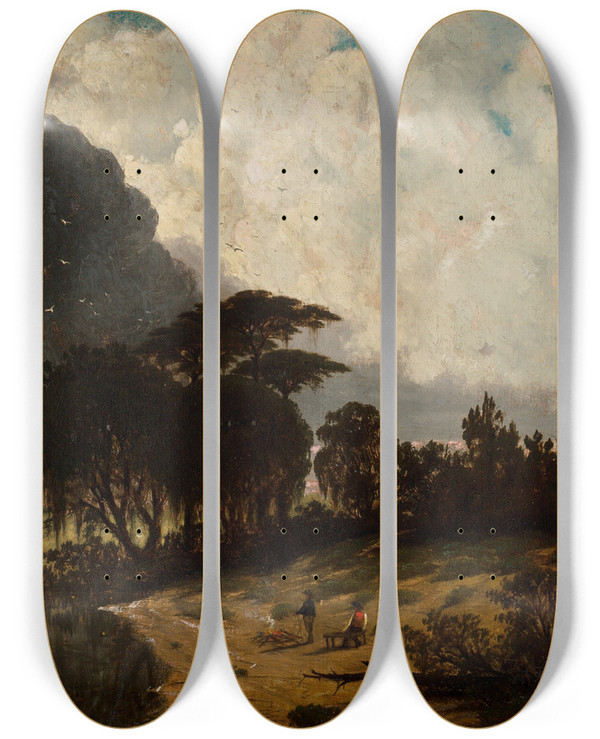 Triptych art skateboard deck of Joseph Rusling Meeker Lake Pontchartrain Louisiana by Joseph Rusling Meeker (1827-1889)