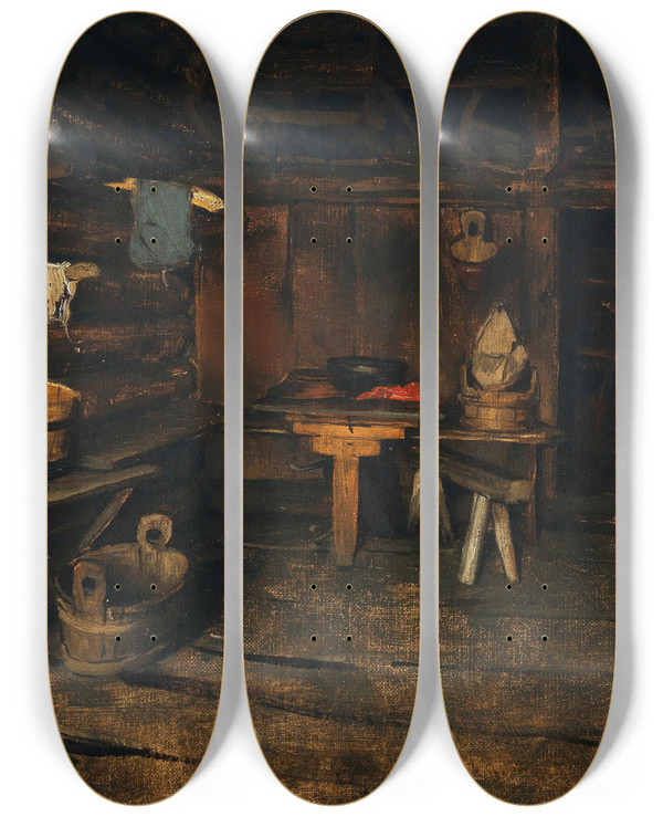 Triptych art skateboard deck of Franz Von Defregger An Alpine Hut Interior by Franz Von Defregger (1835-1921)