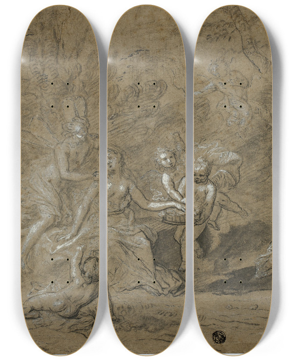 Triptych art skateboard deck of Bon Boullogne Cupid And Psyche by Bon Boullogne (1649-1717)