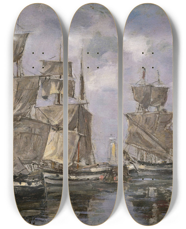 Triptych art skateboard deck of Eugne Boudin Navires Dans Le Port Honfleur by Eugene Boudin (1824-1898)