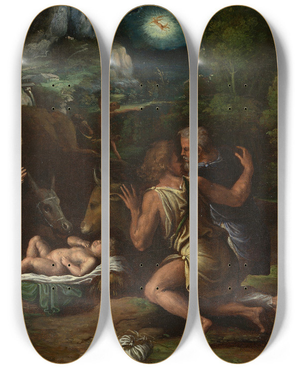 Triptych art skateboard deck of Girolamo Da Carpi The Adoration Of The Shepherds by Girolamo Da Carpi (1501-1556)