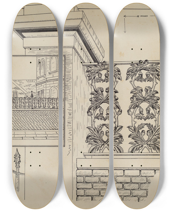 Triptych art skateboard deck of Ray Price Cast Iron Fence Railing by Ray Price (20-)