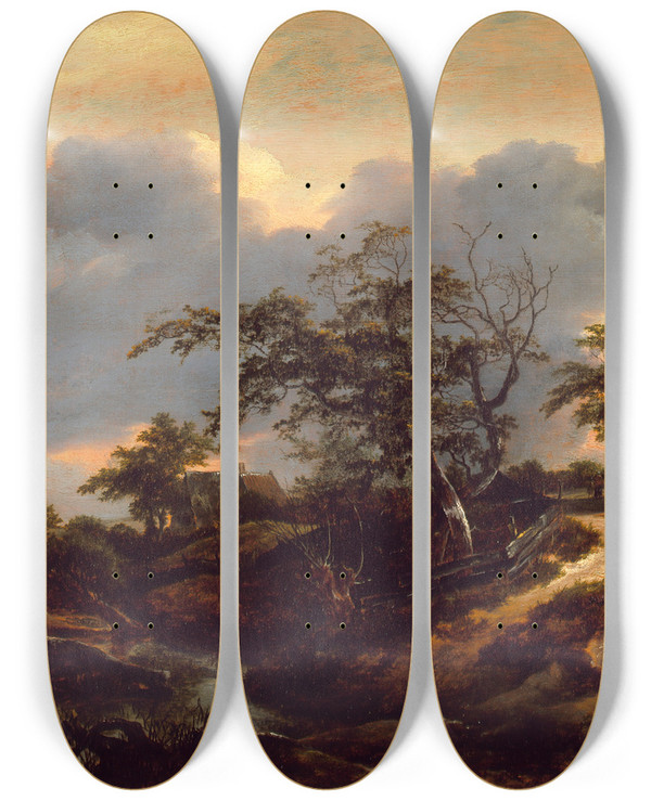 Triptych art skateboard deck of Jacob Van Ruisdael Landscape With Dunes by Jacob Van Ruisdael (1628-1682)