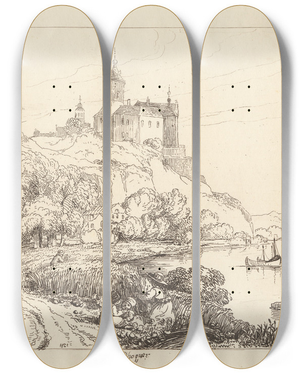 Triptych art skateboard deck of George Arnald Choquer_1 by George Arnald (1763-1841)