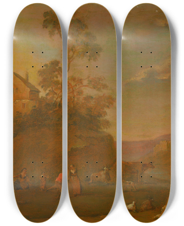 Triptych art skateboard deck of Norbert Joseph Carl Grund Early Evening by Norbert Joseph Carl Grund (1717-1767)