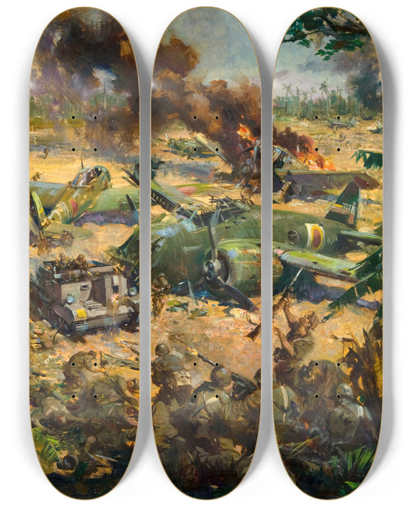 Triptych art skateboard deck of Terence Cuneo Invasion Scene In Far East by Terence Cuneo (1907-1996)