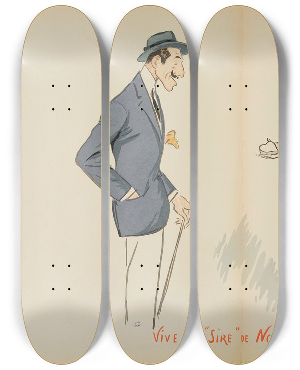 Triptych art skateboard deck of Georges Goursat Sem Vive Le Sire De Normandie by Georges Goursat (Sem) (1863-1934)