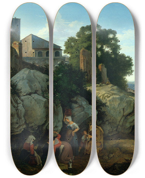 Triptych art skateboard deck of Adrian Ludwig Richter Ariccia Morning by Adrian Ludwig Richter (1803-1884)