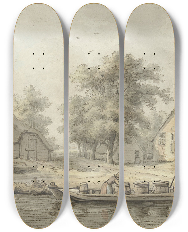Triptych art skateboard deck of Cornelis Buys Landschap Met Afgemeerde Schuit Met Vaten by Cornelis Buys (16-)
