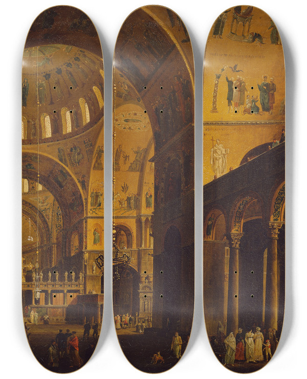 Triptych art skateboard deck of Giuseppe Borsato Das Innere Von San Marco by Giuseppe Borsato (1771-1849)