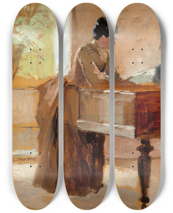 Triptych art skateboard deck of Albert Edelfelt In The Drawing Room At Haikko Study For An Old Tune by Albert Edelfelt (1854-1905)