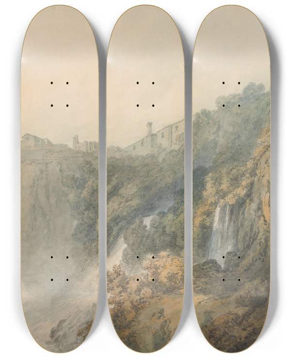 Triptych art skateboard deck of Joseph Mallord William Turner Tivoli With The Temple Of The Sybil And The Cascades by Joseph Mallord William Turner (1775-1851)