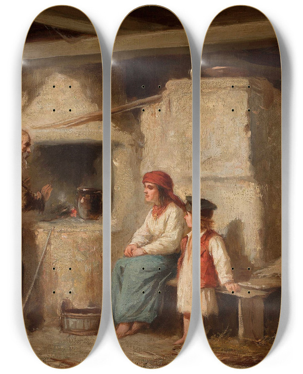 Triptych art skateboard deck of Henryk Pillati In A Peasant Cottage by Henryk Pillati (1832-1894)