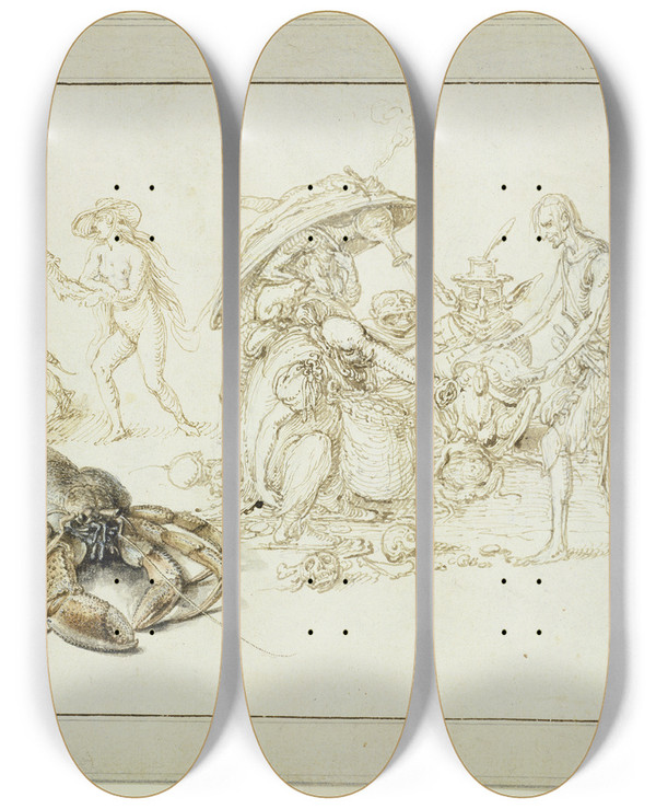 Triptych art skateboard deck of Jacob De Gheyn Ii Studienblatt Einsiedlerkrebs Und Zwei Hexendarstellungen by Jacob de Gheyn II (1565-1629)