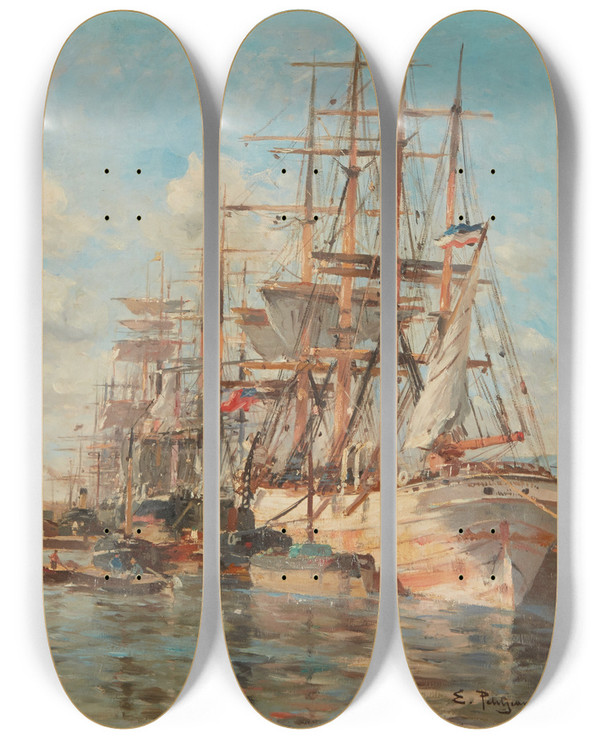 Triptych art skateboard deck of Edmondmarie Petitjean Le Port De La Rochelle by Edmond Marie Petitjean (1844-1925)