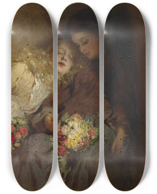 Triptych art skateboard deck of George Elgar Hicks The Return Home by George Elgar Hicks (1824-1914)