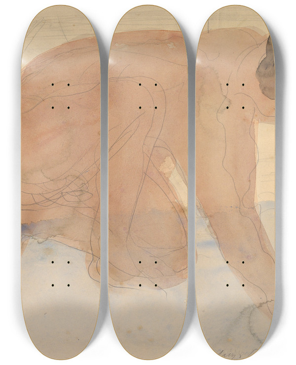 Triptych art skateboard deck of Auguste Rodin Nude Figure On Hands And Knees by Auguste Rodin (1840-1917)
