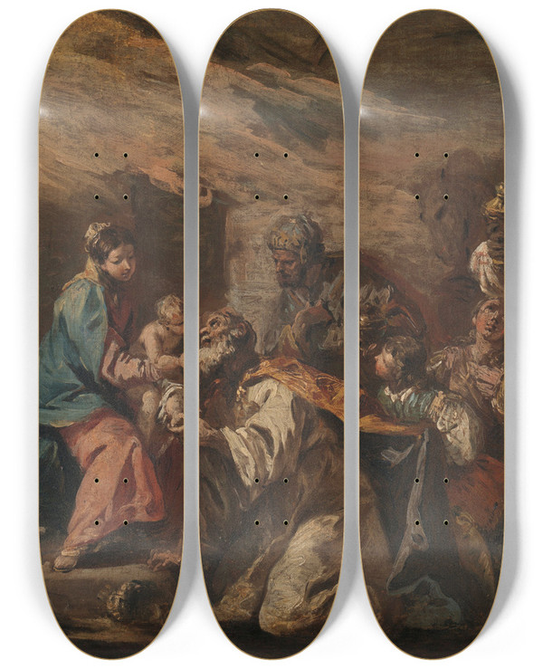 Triptych art skateboard deck of Gaspare Diziani Adoration Of The Magi by Gaspare Diziani (1689-1767)