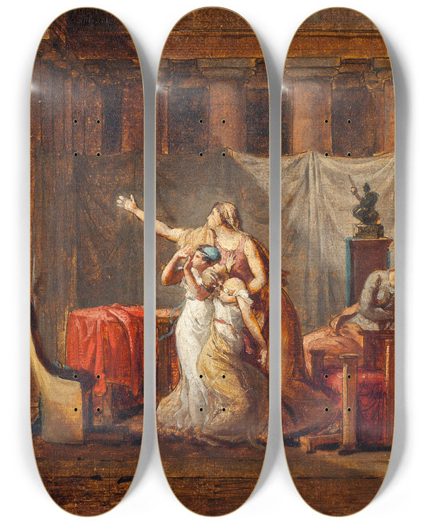 Triptych art skateboard deck of Jacques Louis David The Lictors Returning To Brutus The Bodies Of His Sons Study by Jacques Louis David (1748-1825)