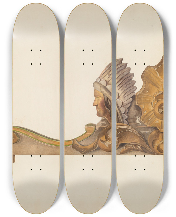 Triptych art skateboard deck of Harry King Circus Wagon Decorative Carving by Harry King