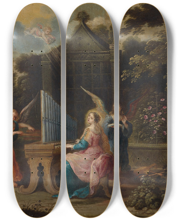 Triptych art skateboard deck of Abraham Willemsen Saint Cecilia At The Organetto In A Garden by Abraham Willemsen (1605-1672)