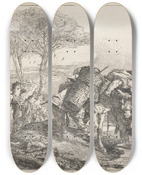 Triptych art skateboard deck of Giovanni Domenico Tiepolo The Madonna And Child At Left With A File Of Angels by Giovanni Domenico Tiepolo (1727-1804)