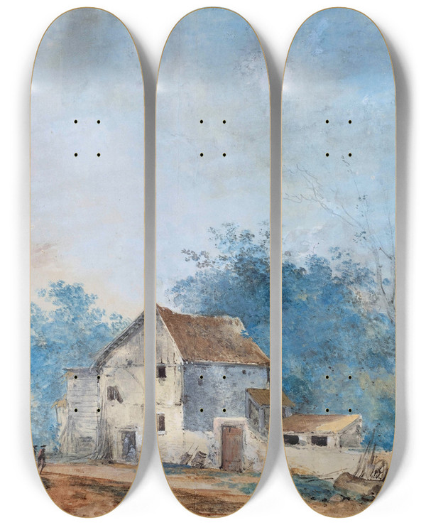 Triptych art skateboard deck of Louis Gabriel Moreau Landscape_1 by Louis Gabriel Moreau (1740-1806)