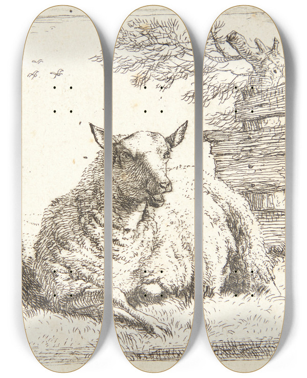 Triptych art skateboard deck of Karel Dujardin Liggende Fr Nr Et Trgrde by Karel Dujardin (1622-1678)