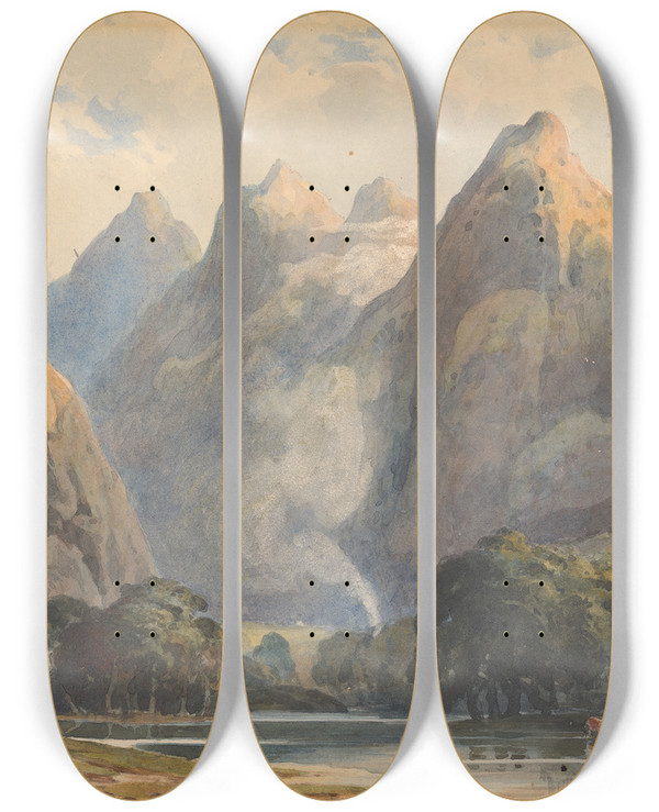 Triptych art skateboard deck of Thomas Sully Mountain Scene With Stream Cows And Figures by Thomas Sully (1783-1872)
