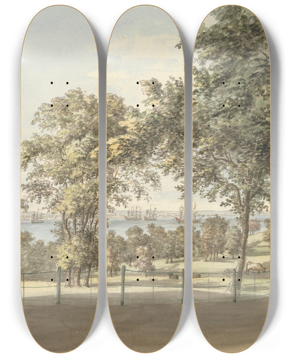 Triptych art skateboard deck of William P Sherlock Sandham Isle Of Wight by William P Sherlock (1780-1825)