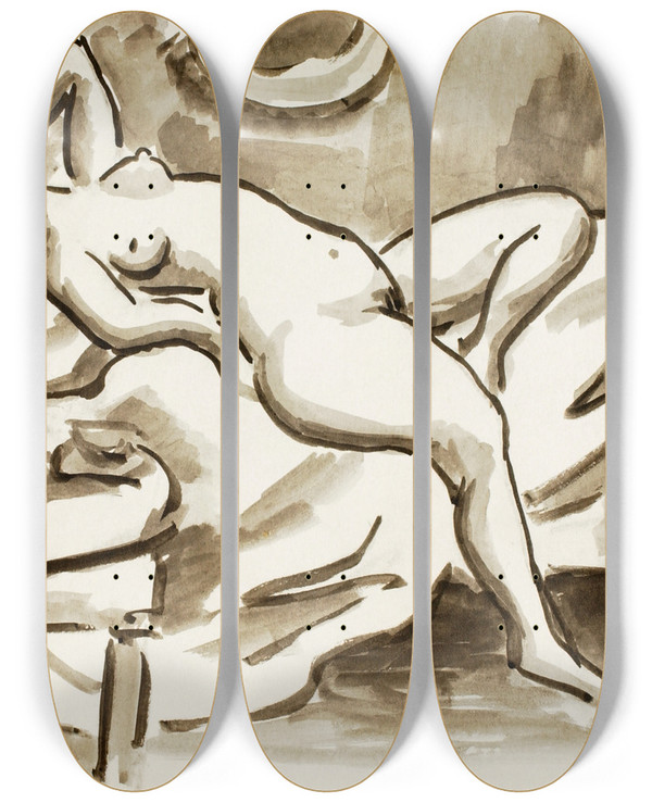 Triptych art skateboard deck of Carl Newman Reclining Female Nude Withtable by Carl Newman (1858-1932)