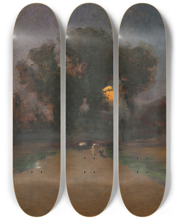 Triptych art skateboard deck of Ladislav Mednynszky Landscape With Setting Sun by Ladislav Mednyanszky (1852-1919)