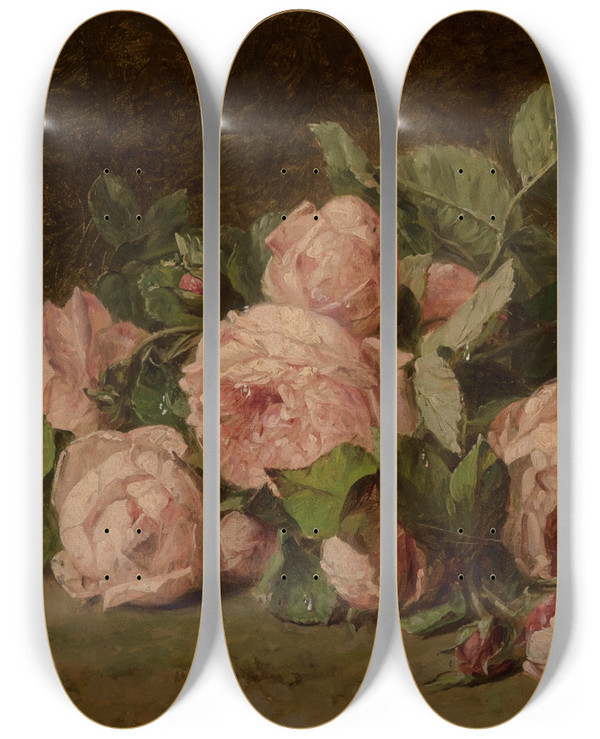 Triptych art skateboard deck of Adriana Johanna Haanen Still Life Of Roses On Mossy Ground by Adriana Johanna Haanen (1814-1895)