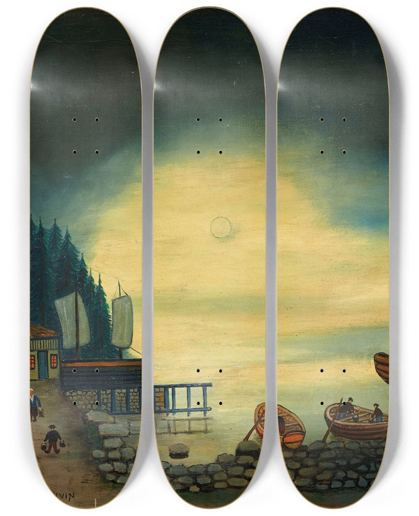 Triptych art skateboard deck of Louis Vivin Nuit De Pleine Lune by Louis Vivin (1861-1936)