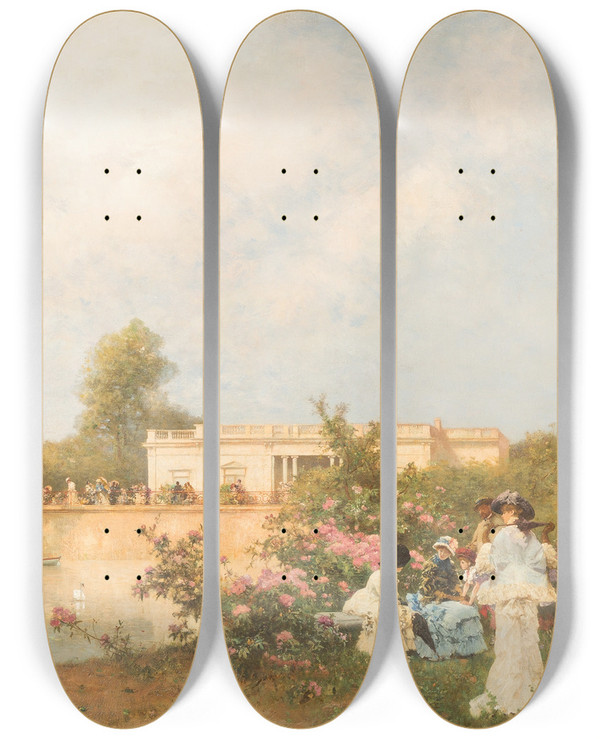 Triptych art skateboard deck of Ferdinand Heilbuth Summer Day In The Palace Garden by Ferdinand Heilbuth (1826-1889)
