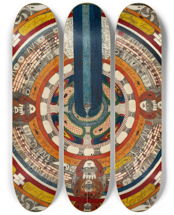 Triptych art skateboard deck of Adolf Wlfli Keiserlich Knigliches Schtzenfest In Ada Kalchskt Adolfringnord by Adolf Wolfli (1864-1930)
